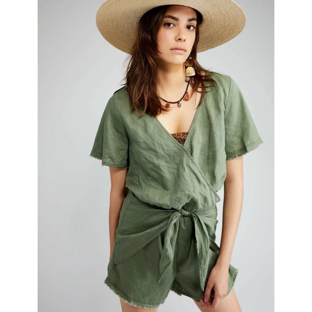 Sanctuary Date Palm Romper Cadet green olive linen tie waist frayed
